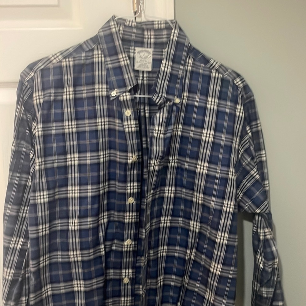 Brooks brothers blue and white plaid large button down dress shirt